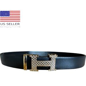 Elegant Fashion Belt Rhinestone Gold Buckle PU Leather Black Length 48 in